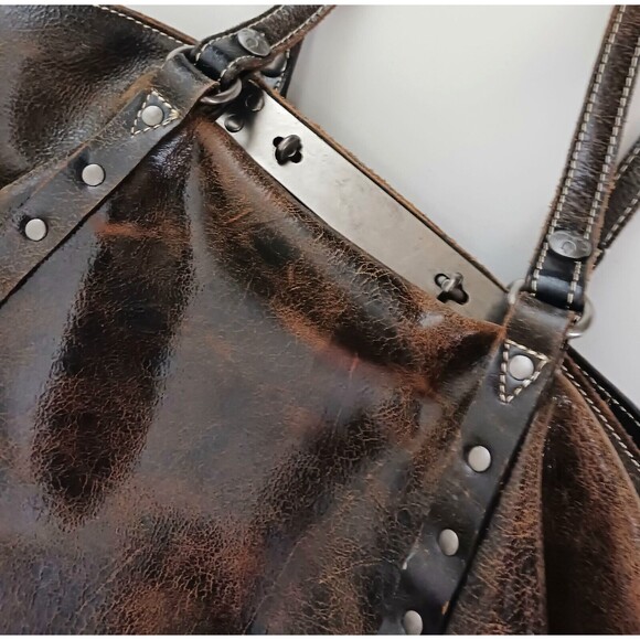 Patricia Nash Benvenuto Bark Brown Distressed Italian Leather Lg Tote Studs - Picture 2 of 11